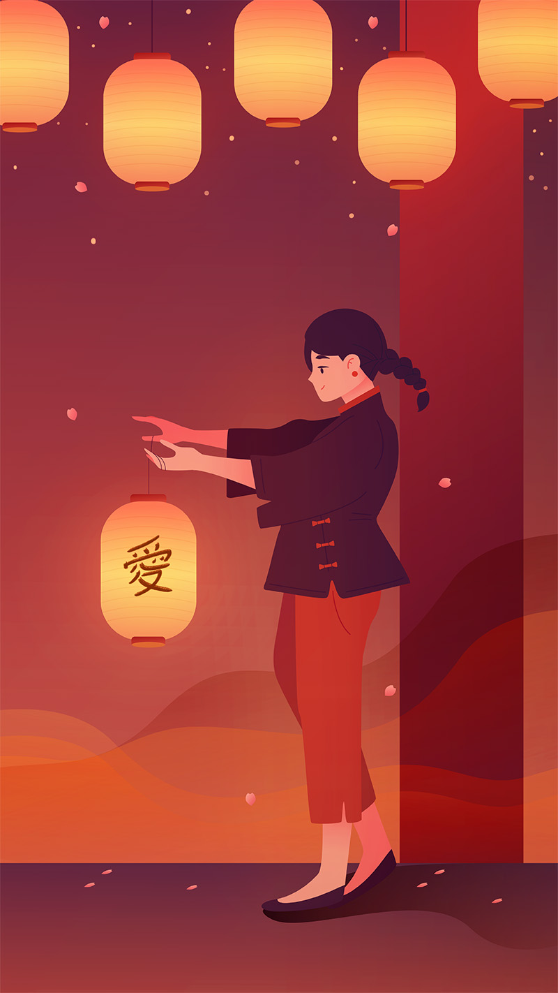 穿着中国传统服装的女人拿着节日灯笼